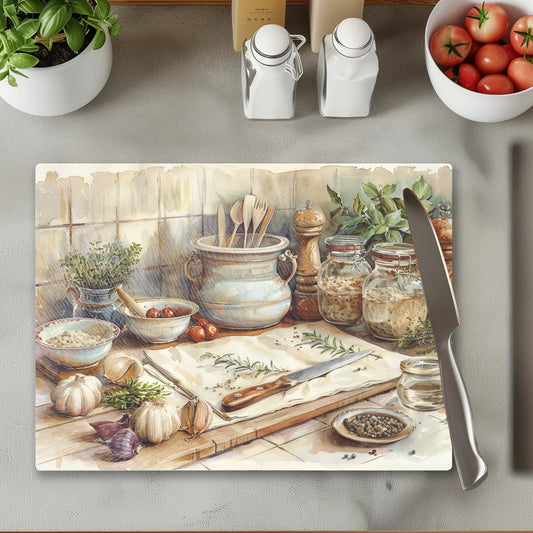 Decorative cutting board with kitchen scene design on a countertop.