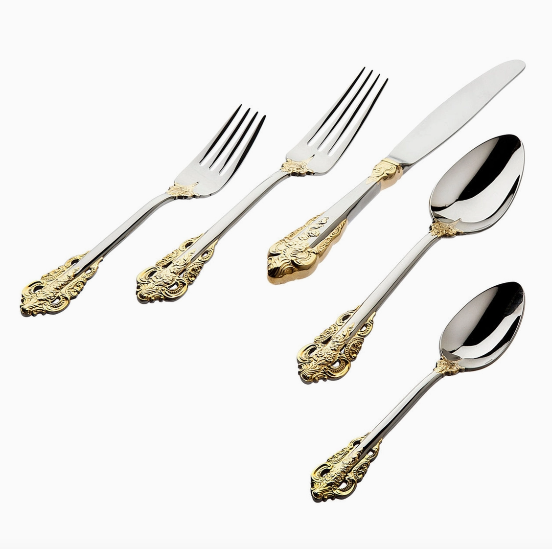 Baroque 20-piece flatware set in polished 18/10 stainless steel with ornate 24K gold-plated scrollwork accents.