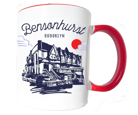 Mug with 'Bensonhurst Brooklyn' text and building illustration on a white background
