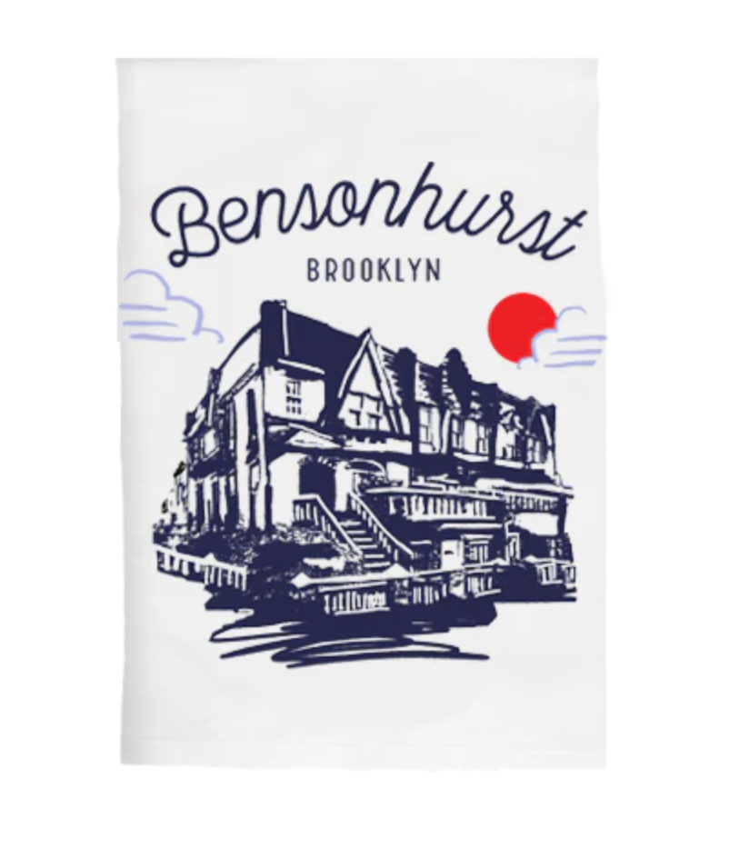 Tea towel with 'Bensonhurst Brooklyn' text and building illustration on a white background