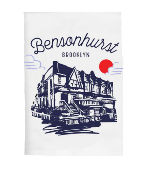 Tea towel with 'Bensonhurst Brooklyn' text and building illustration on a white background