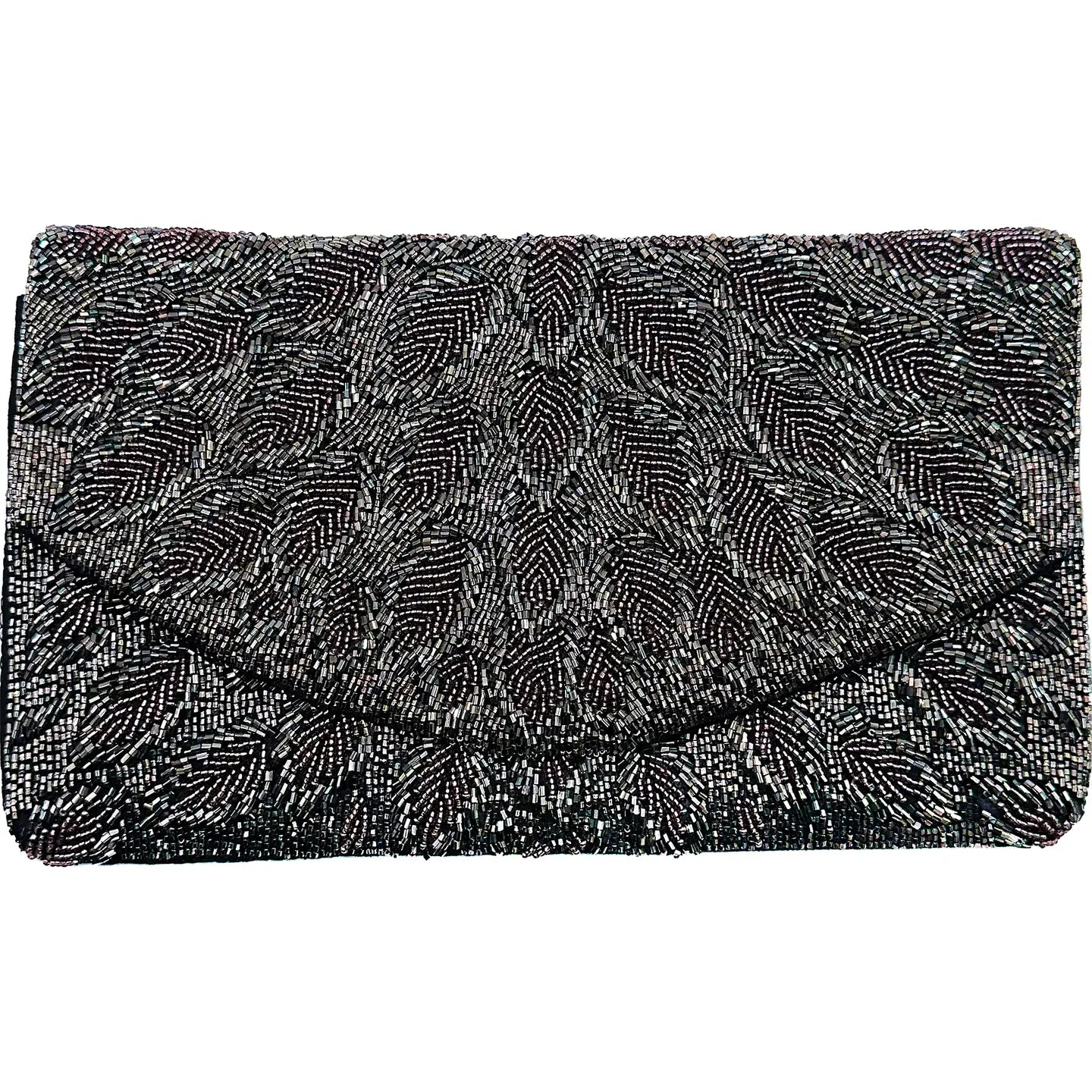 Black beaded clutch bag on a white background