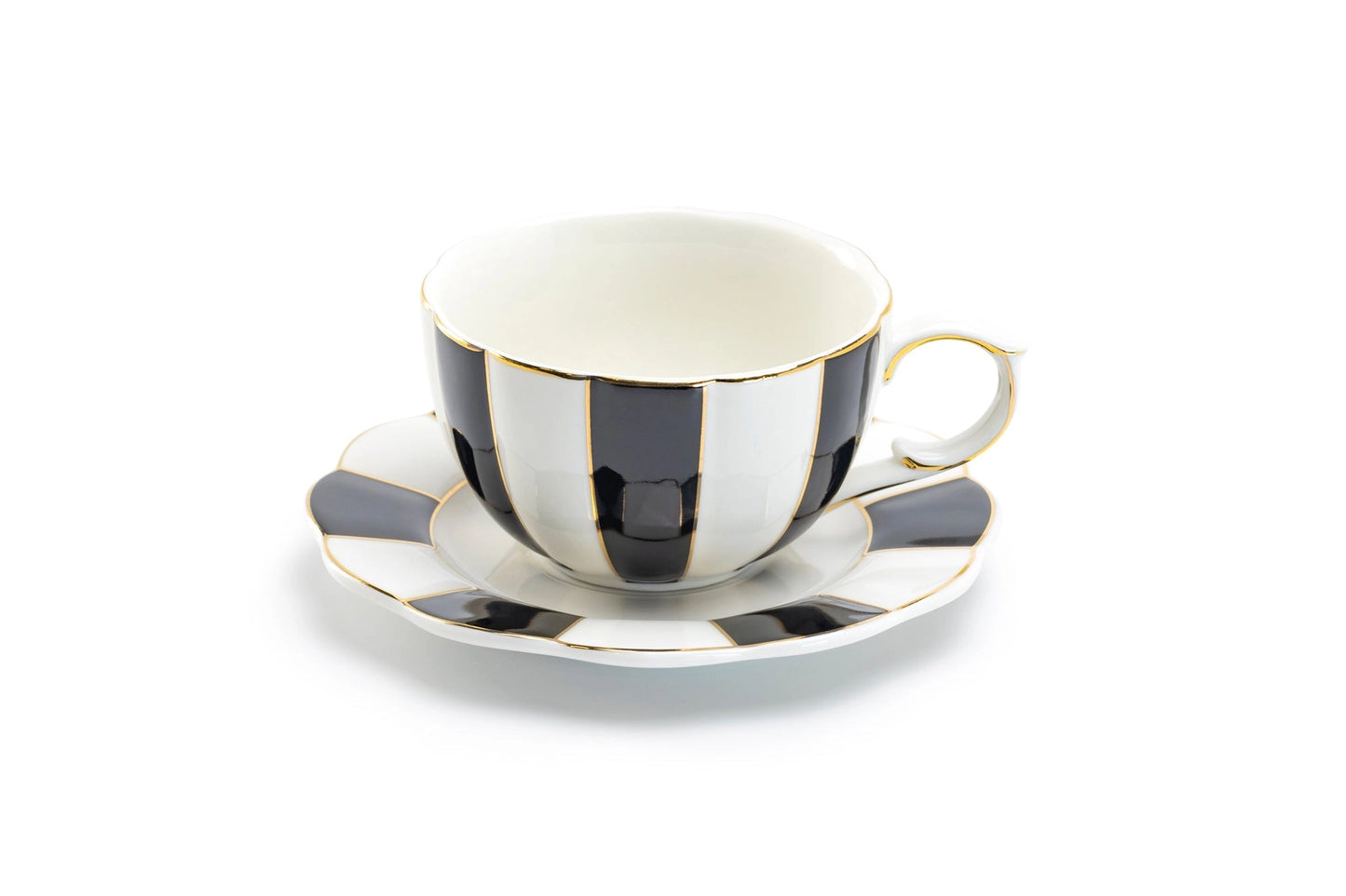 Teacup and saucer with black and white striped design on a white background