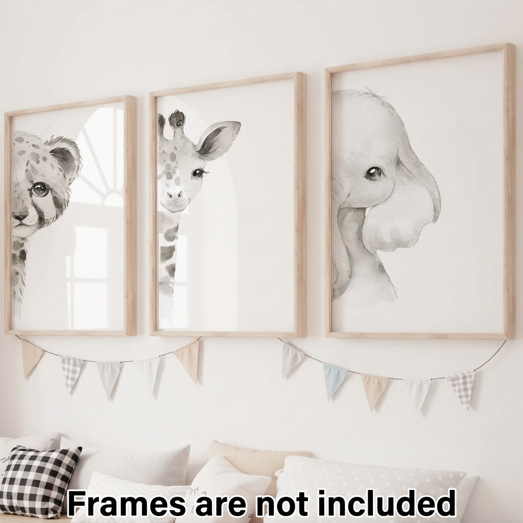 Set of three black and white watercolor safari nursery wall art prints featuring a spotted big cat, giraffe, and elephant peeking into natural wood frames above a neutral nursery bed.