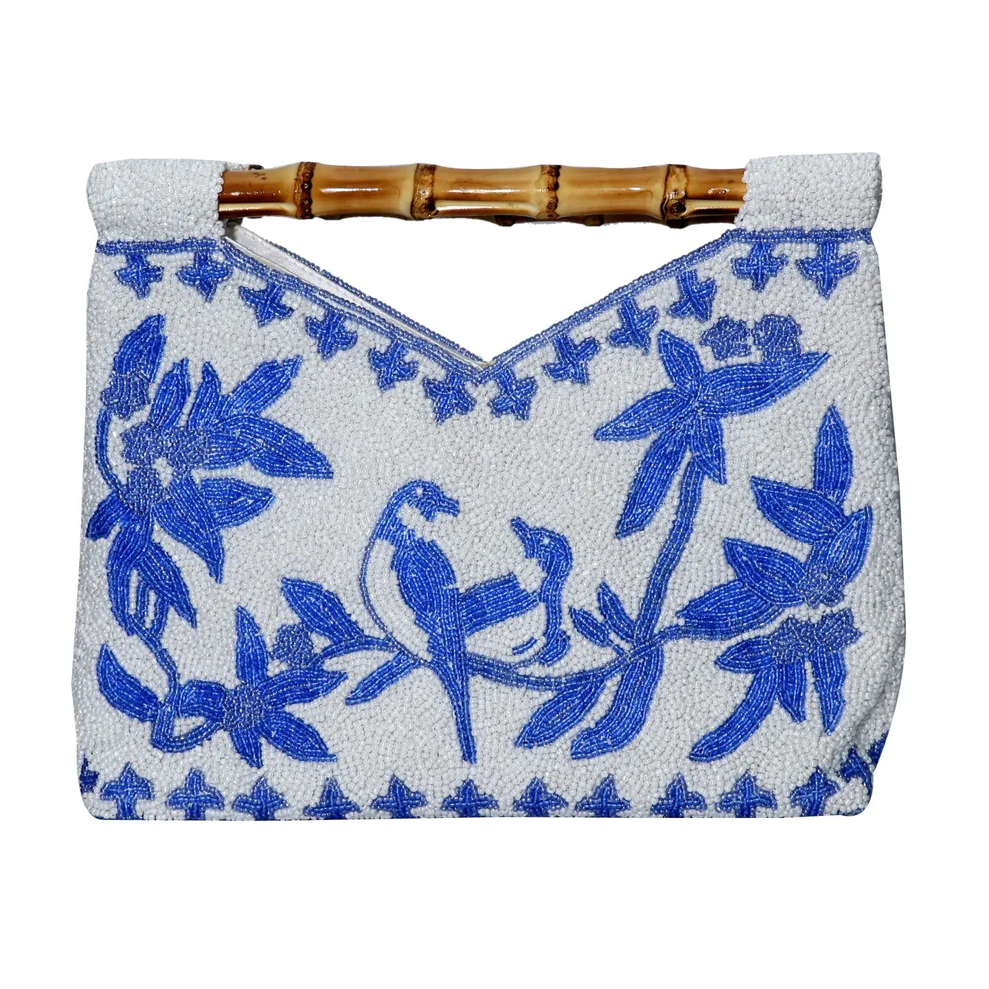 Blue Birds Bamboo Handle Beaded Clutch Bag