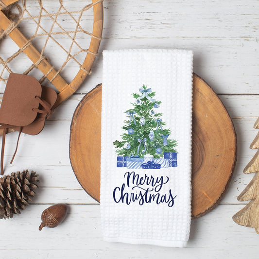 Blue Chinoiserie Christmas Tree & Gifts Waffle Weave Tea Towel