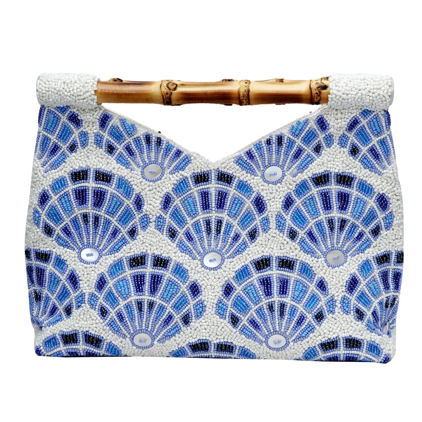Blue Shell Bamboo Handle Beaded Clutch Bag