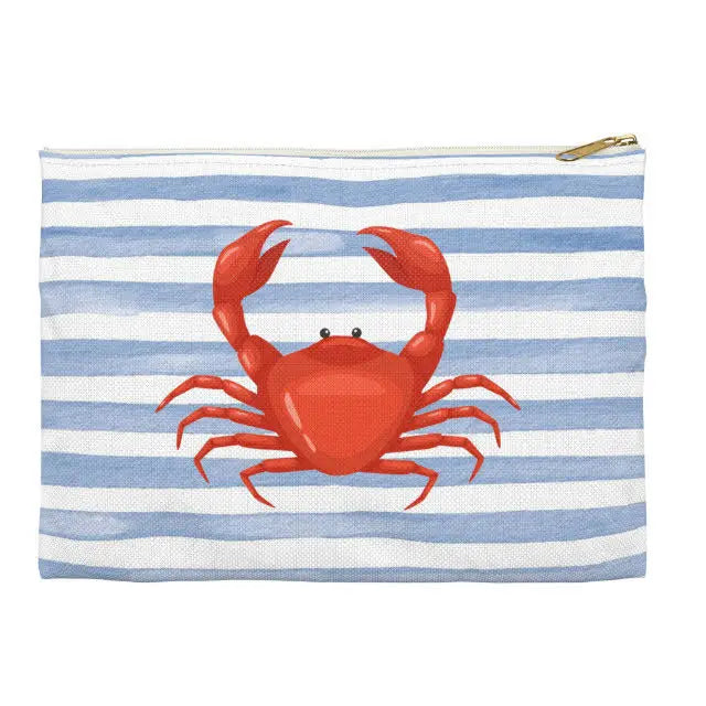 Pouch with a red crab design on a blue and white striped background