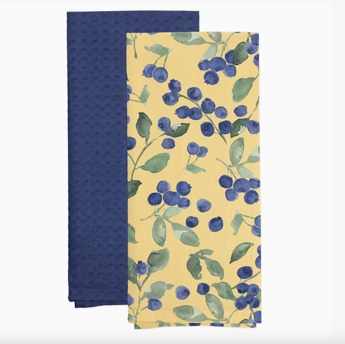 Two fabric swatches, one blue and one with blueberry pattern on a yellow background, on a white background.