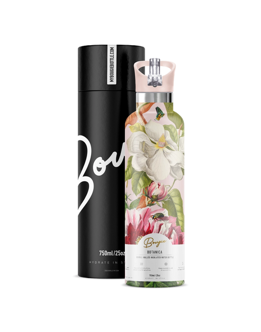 Bogie Bottle water bottle with floral design and black cap on a white background