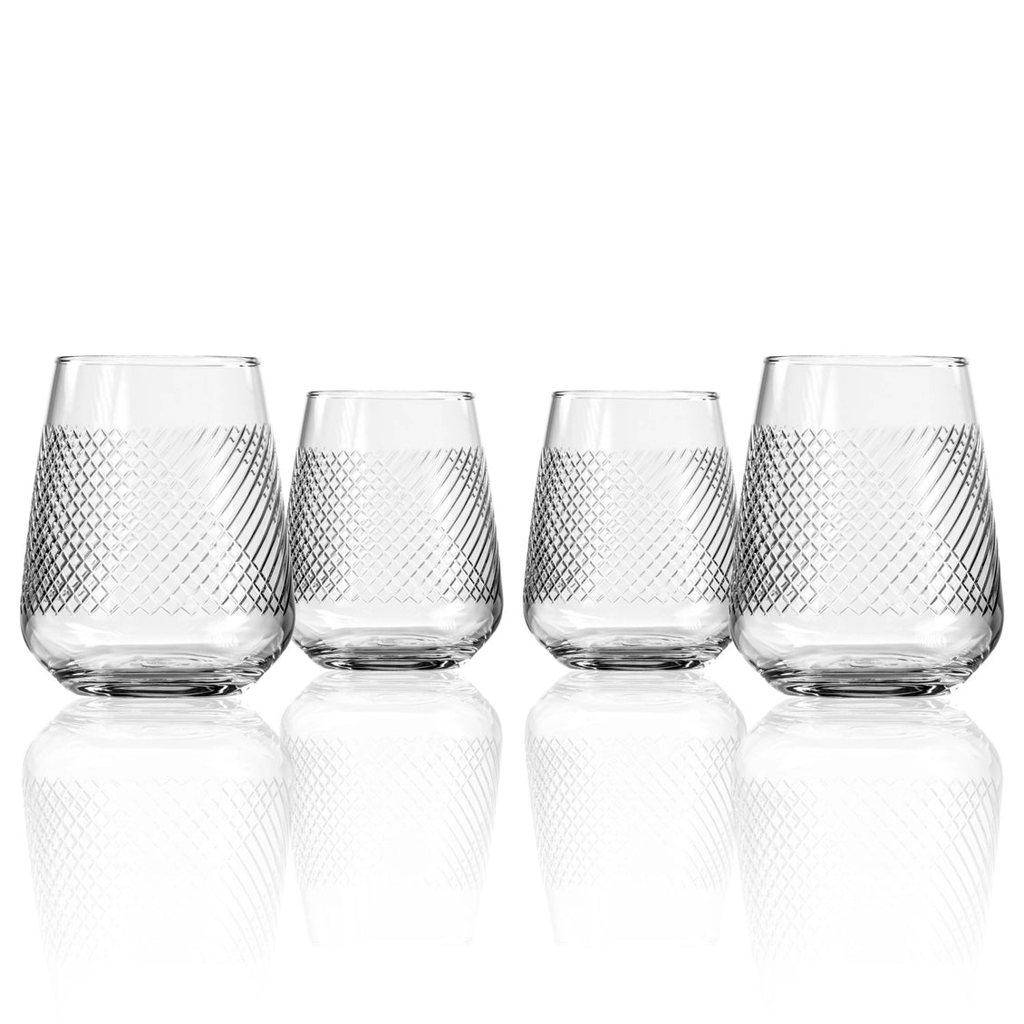 Four clear glass tumblers with textured design on a white background