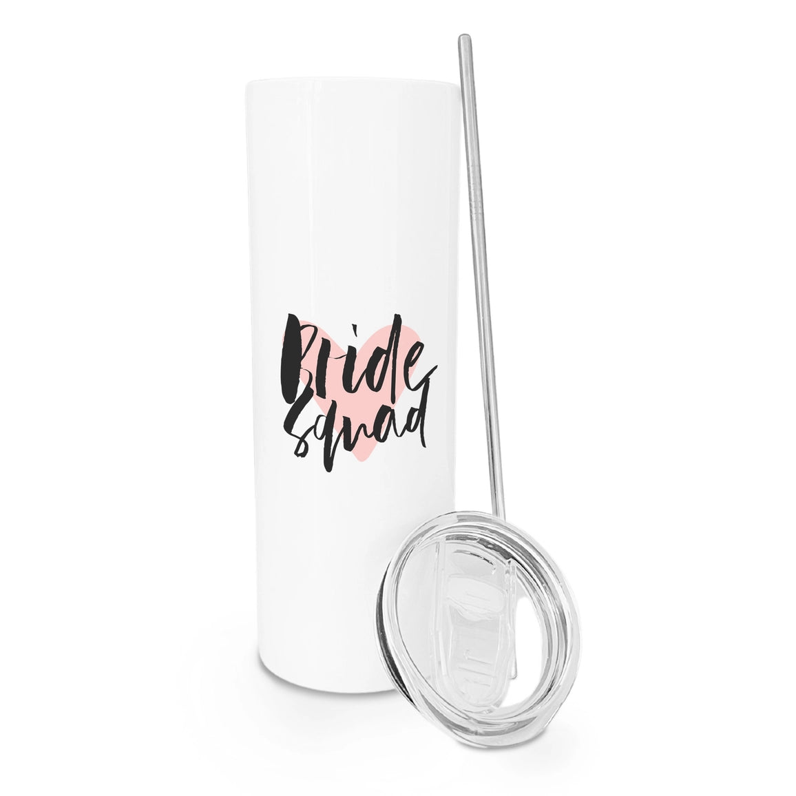 White tumbler with 'Bride Squad' text and a straw on a white background