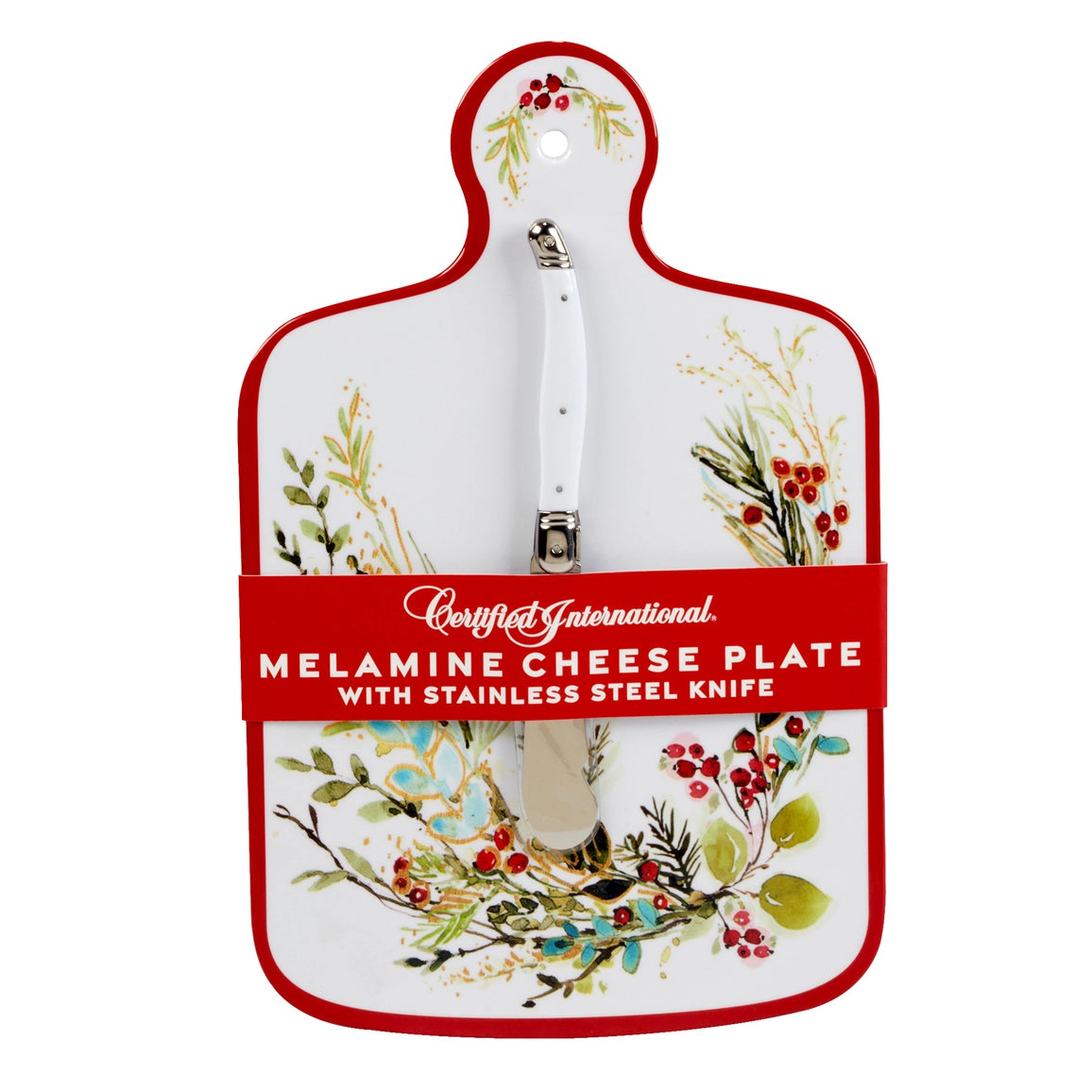 Melamine cheese plate with floral design and knife on a white background