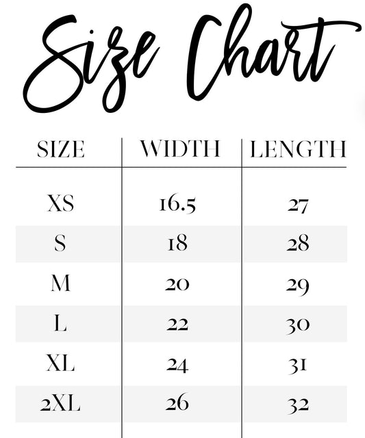 A size chart table with columns labeled SIZE, WIDTH, and LENGTH, showingXS 16.5, S 18, M 20, L 22, XL 24, and 2XL 26 in black text on a white background.