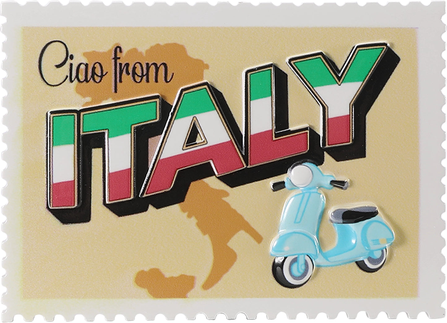 Decorative sign with 'Ciao from Italy' text, Italian flag colors, and a scooter on a beige background.