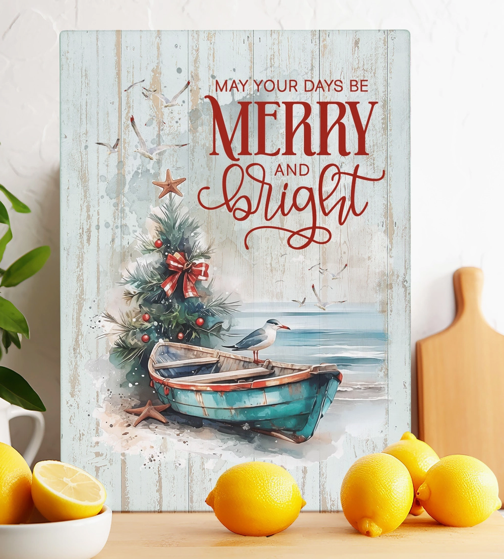 Coastal Christmas glass cutting board with turquoise beach boat, decorated Christmas tree, seabirds and May Your Days Be Merry and Bright sentiment