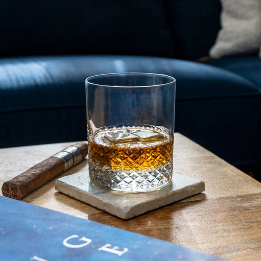 Glass of whiskey with a cigar on a wooden table