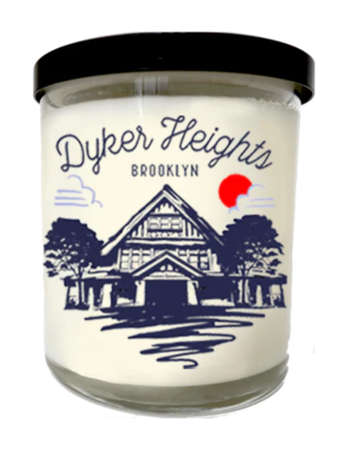 Candle jar with 'Dyker Heights, Brooklyn' text and house illustration on a white background