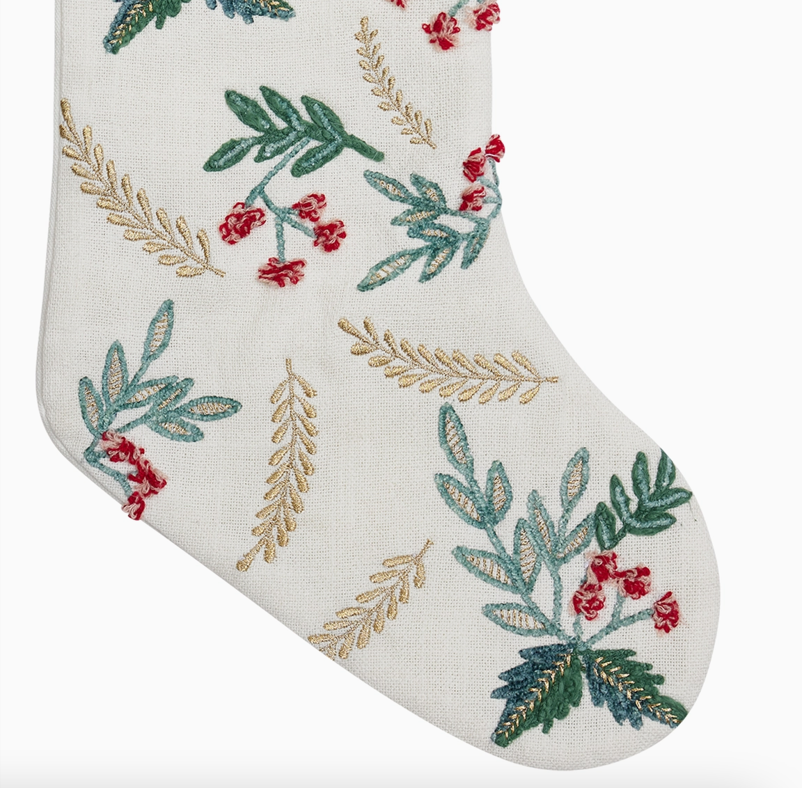 Green leaves red berries and gold embroidered details on Christmas stocking