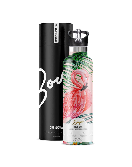 Bougie water bottle with flamingo design and black cylindrical container on a white background