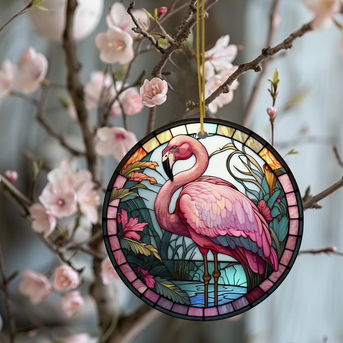 Stained glass-style pink flamingo ornament hanging on a branch with flowers.