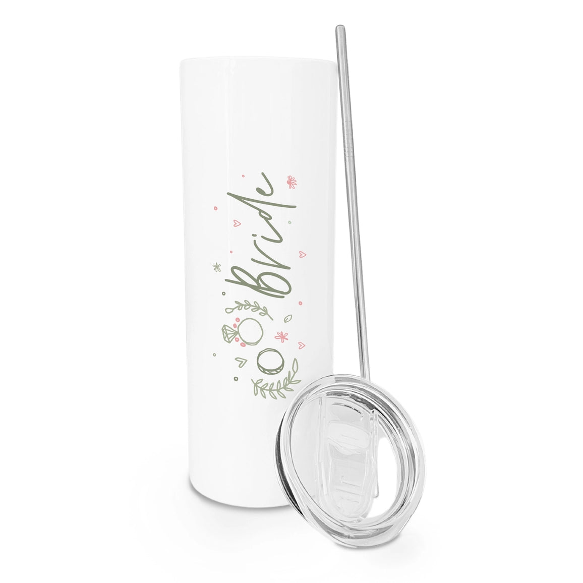 Tumbler with 'Bride' text and floral designs on a white background
