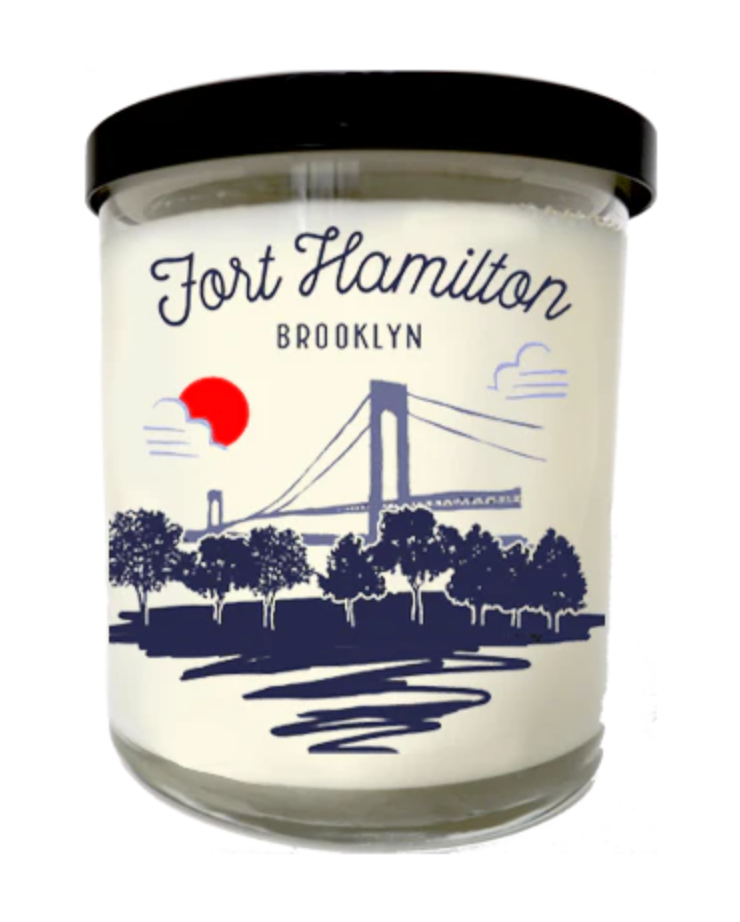 Candle jar with 'Fort Hamilton Brooklyn' text and bridge illustration on a white background
