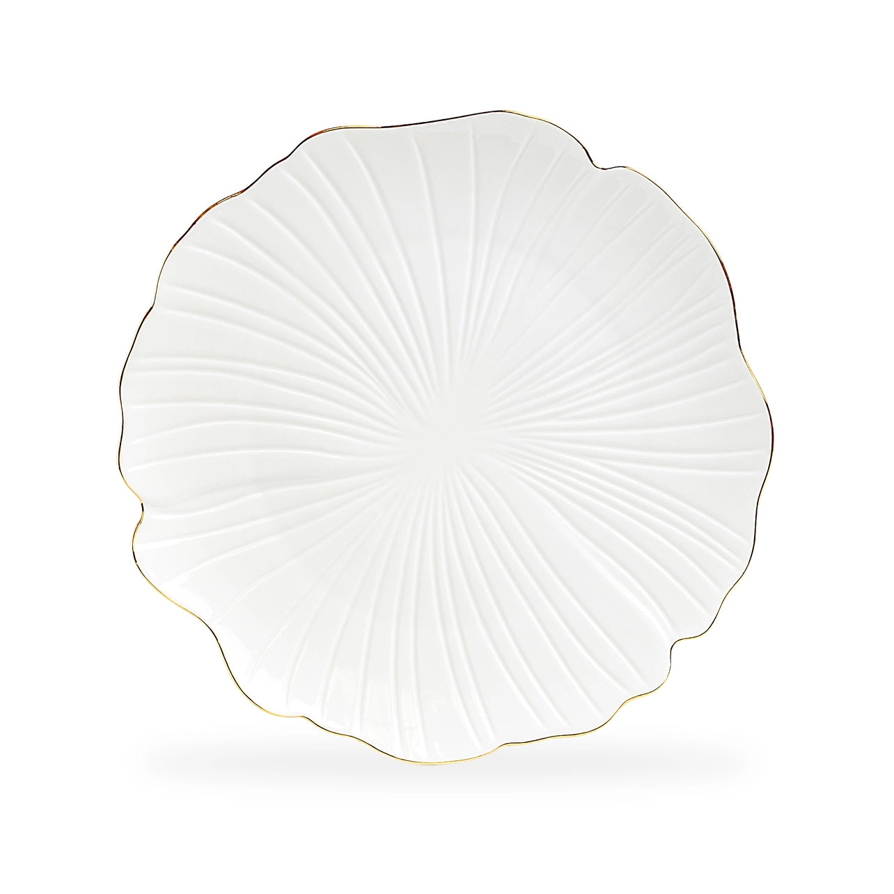 White decorative plate with gold rim on a white background
