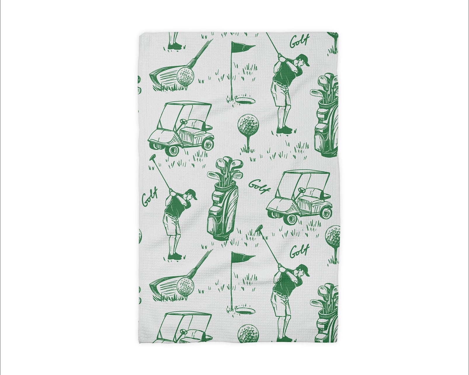 Golf-themed fabric with green graphics on a white background