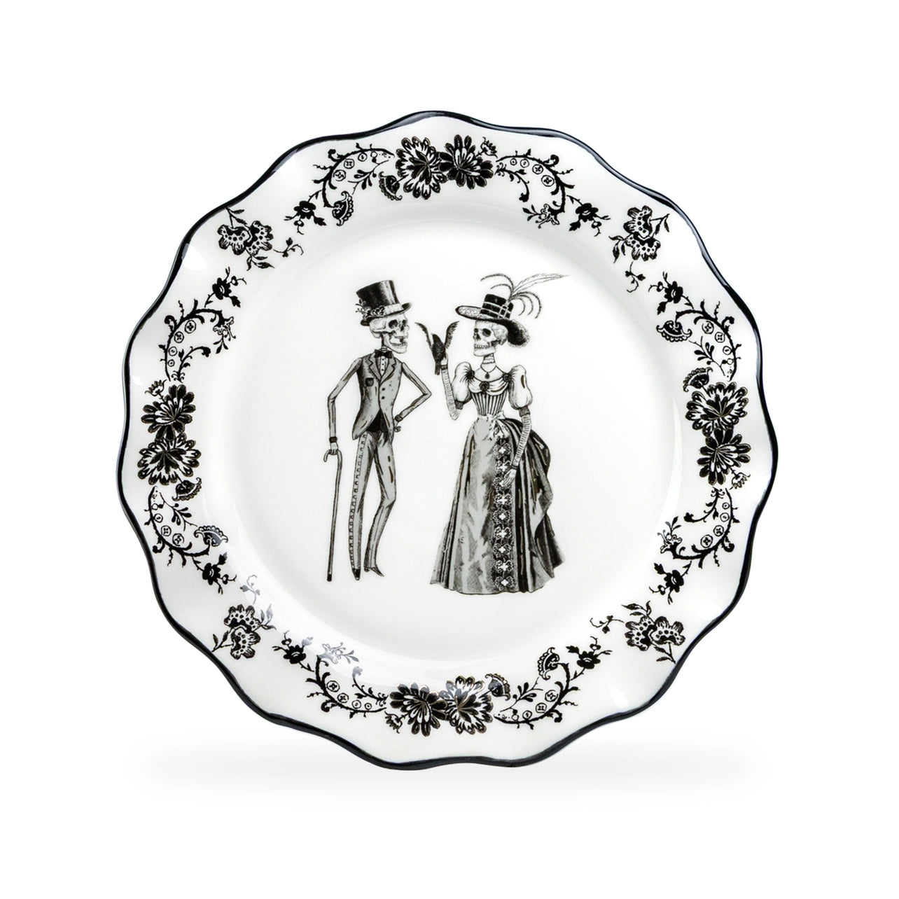 Decorative plate with skeleton couple design on a white background