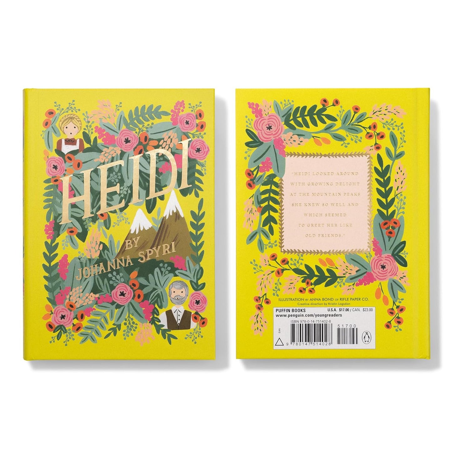 Book cover of 'Heidi' by Johanna Spyri with floral design on a yellow background