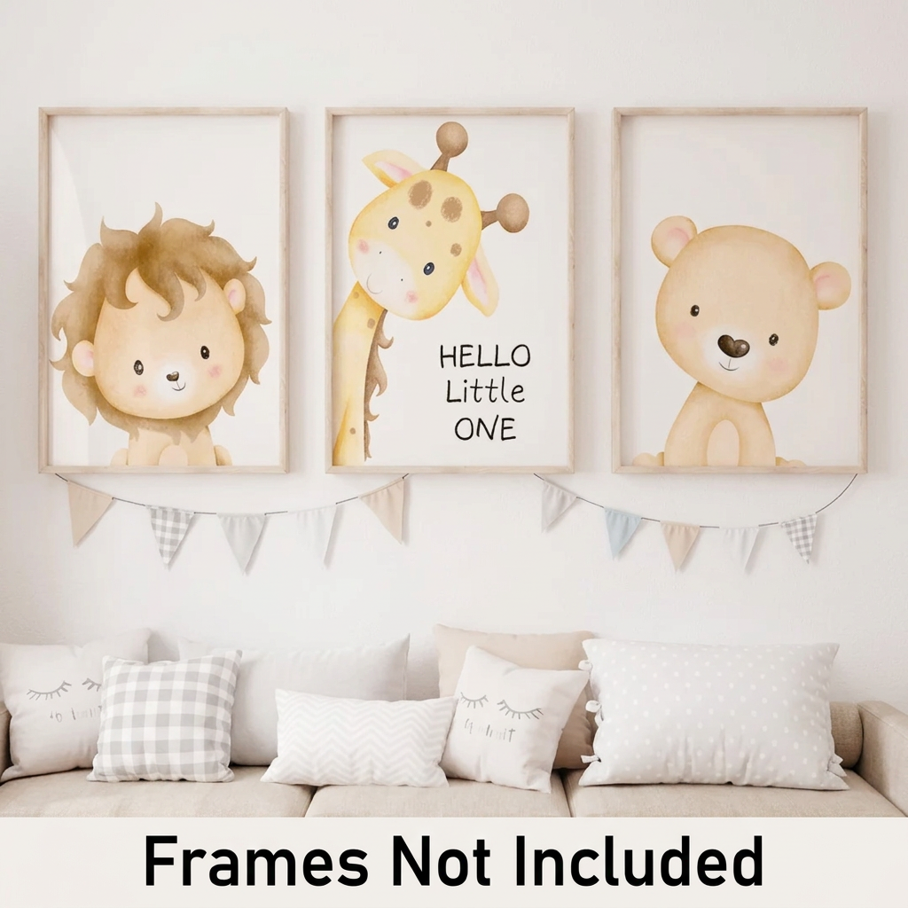 Set of three Hello Little One nursery wall art prints featuring a watercolor lion, giraffe with Hello Little One lettering, and teddy bear, displayed in natural wood frames above a neutral nursery bed.