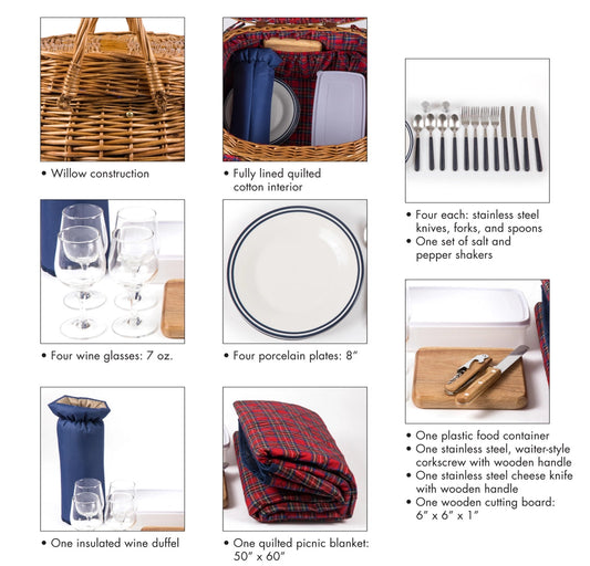 Picnic basket set with cutlery, plates, glasses, and other accessories on a white background.