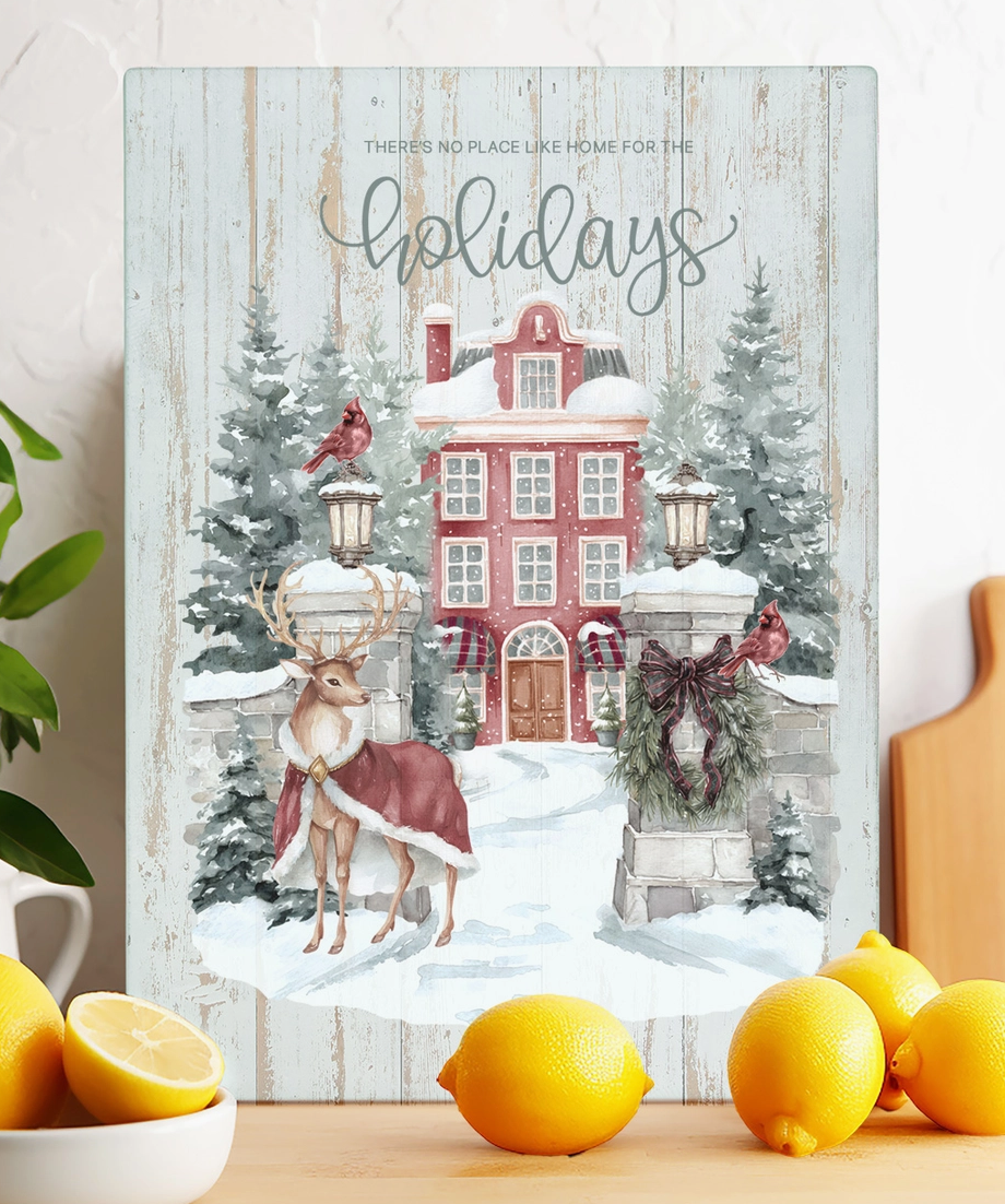 Home for the Holidays Christmas glass cutting board with snowy house, reindeer, cardinals and evergreen trees
