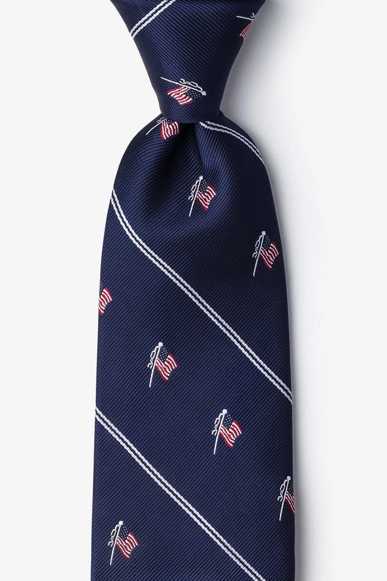 Navy blue tie with red and white pattern on a white background