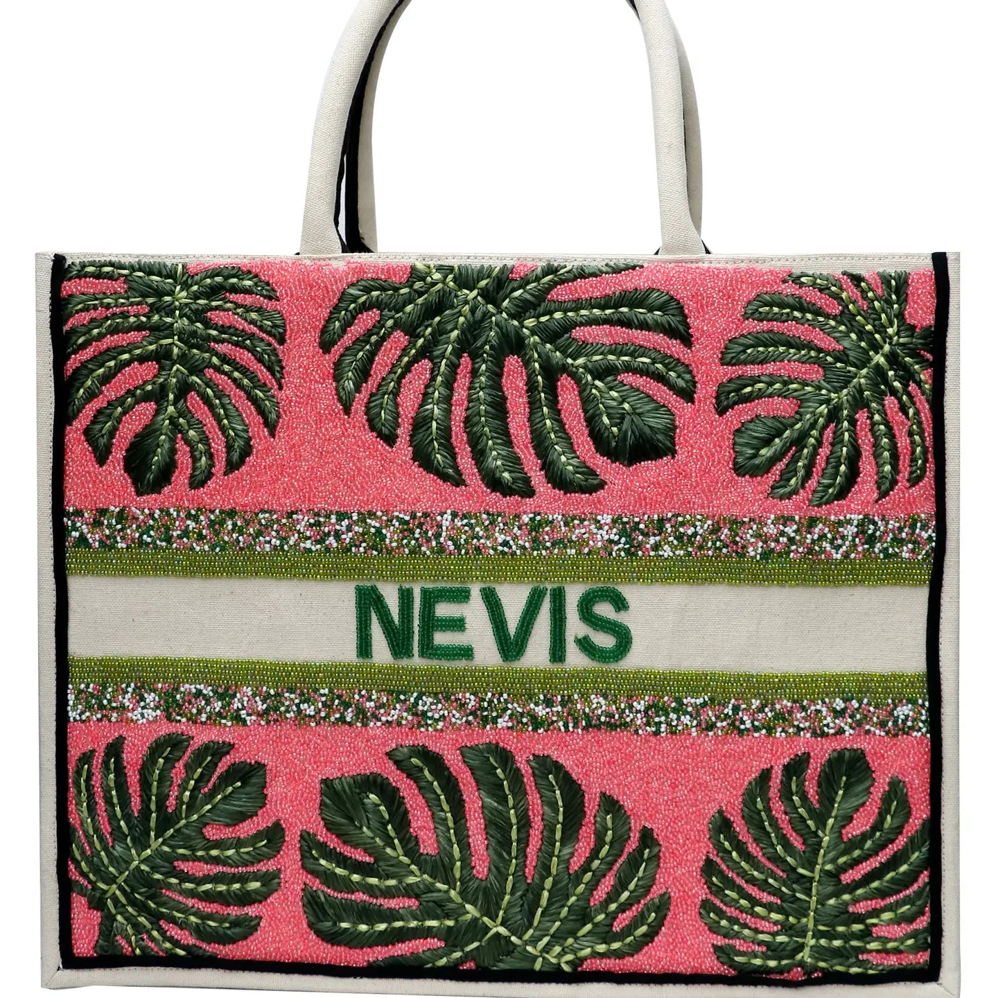 Hot Pink Palm Leaf Beaded Tote Bag
