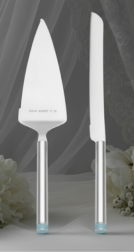 Set of cake server and knife with 'How Sweet It Is' branding on a white background