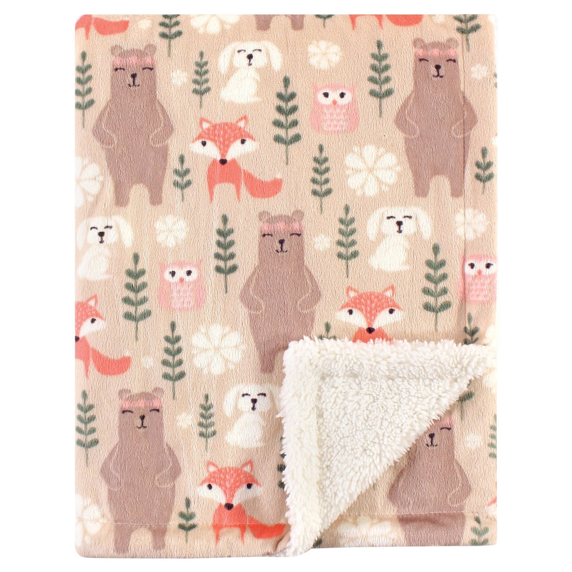 Blanket with animal pattern featuring bears, foxes, and owls on a beige background.
