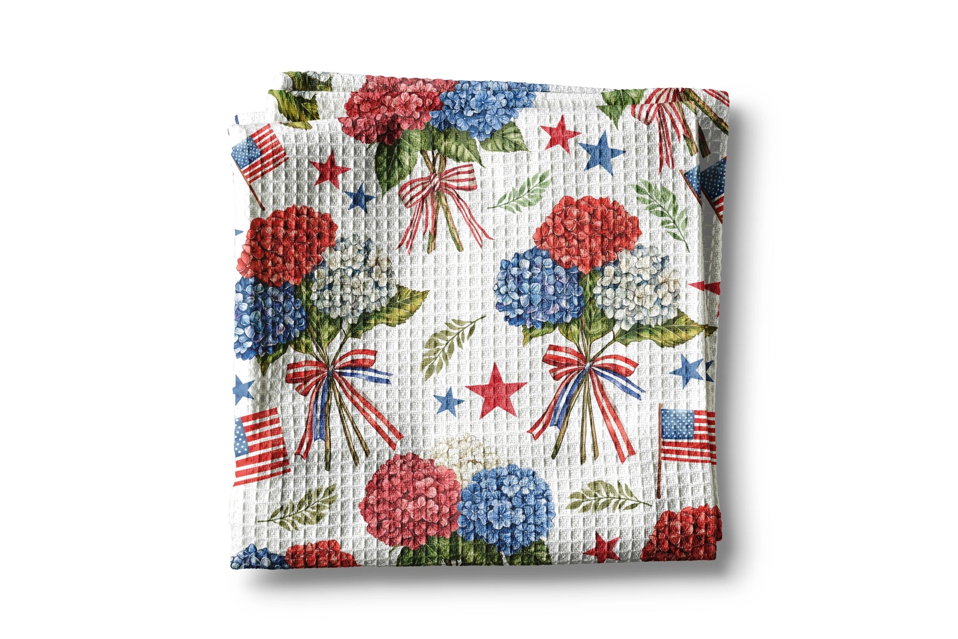 Cross-stitch pattern with red, blue, and white flowers and stars on a white background
