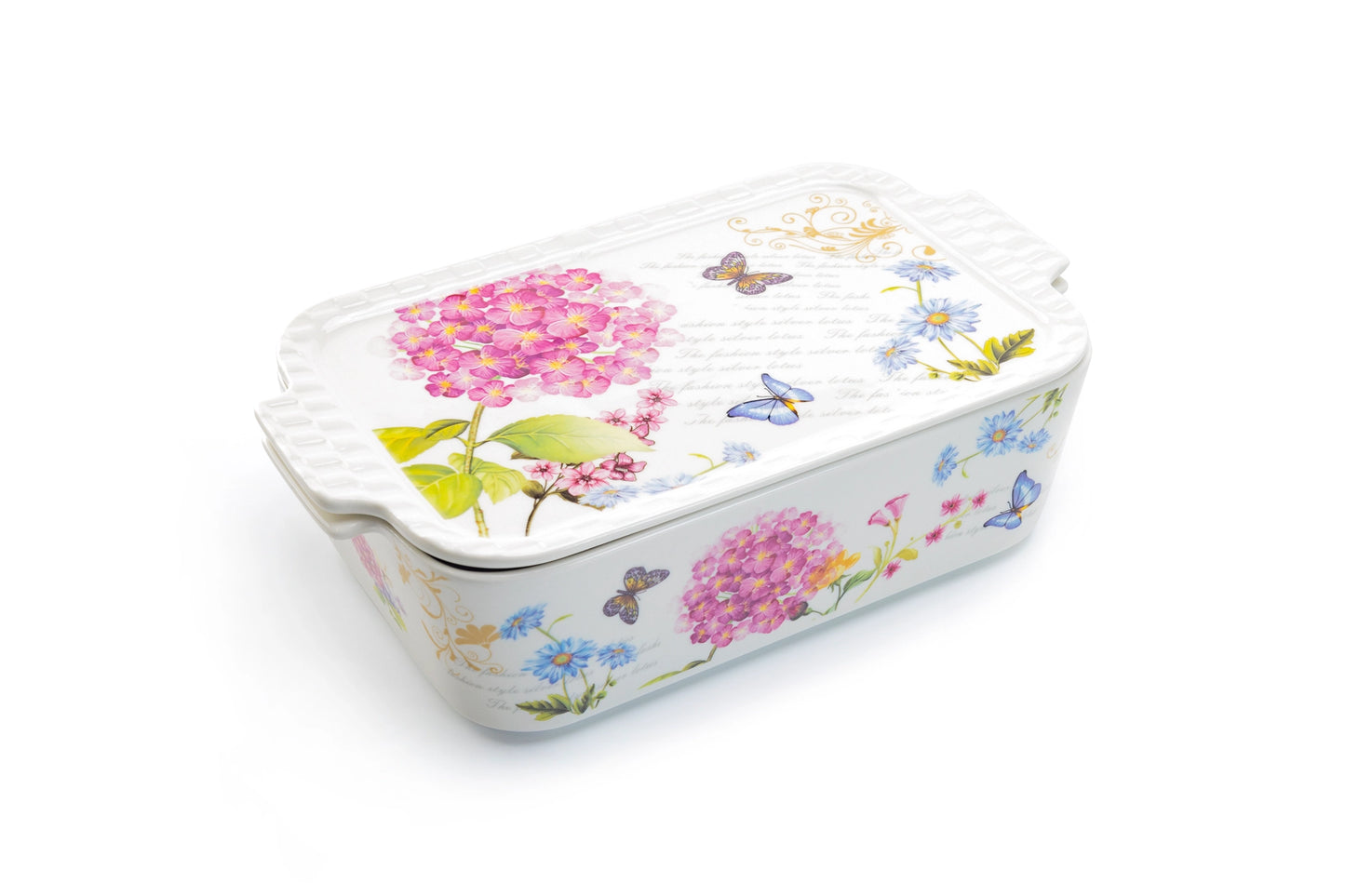 Rectangular ceramic baking dish with floral and butterfly design on a white background