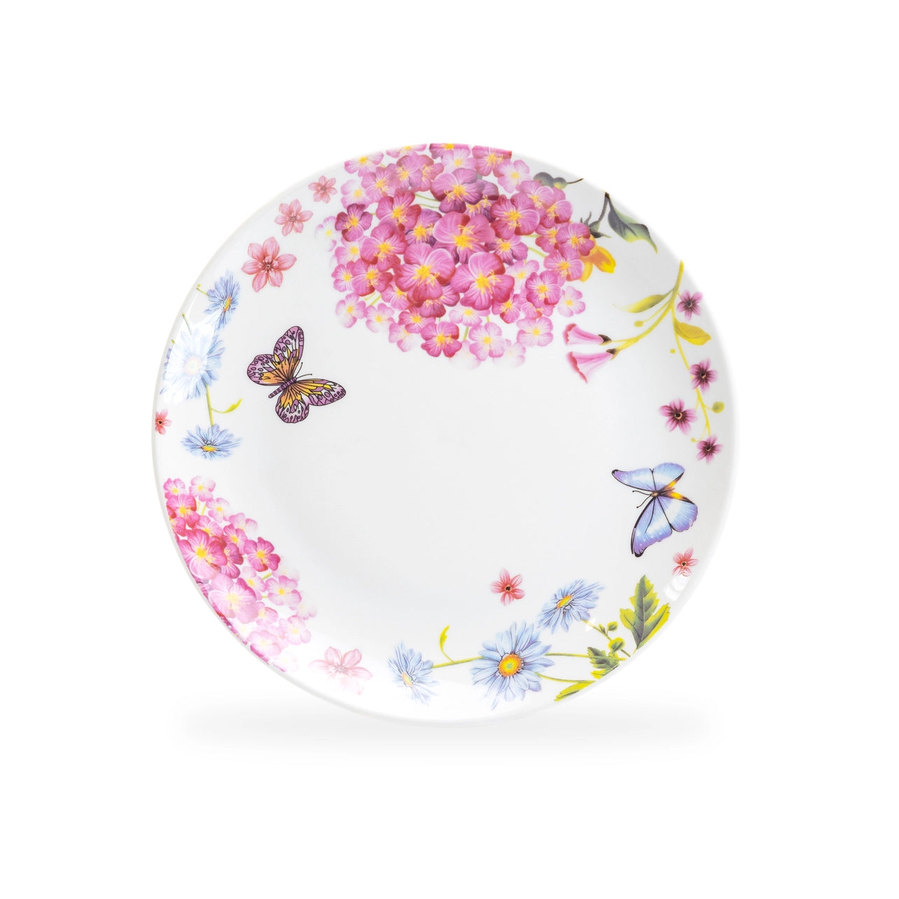 Decorative plate with floral and butterfly design on a white background