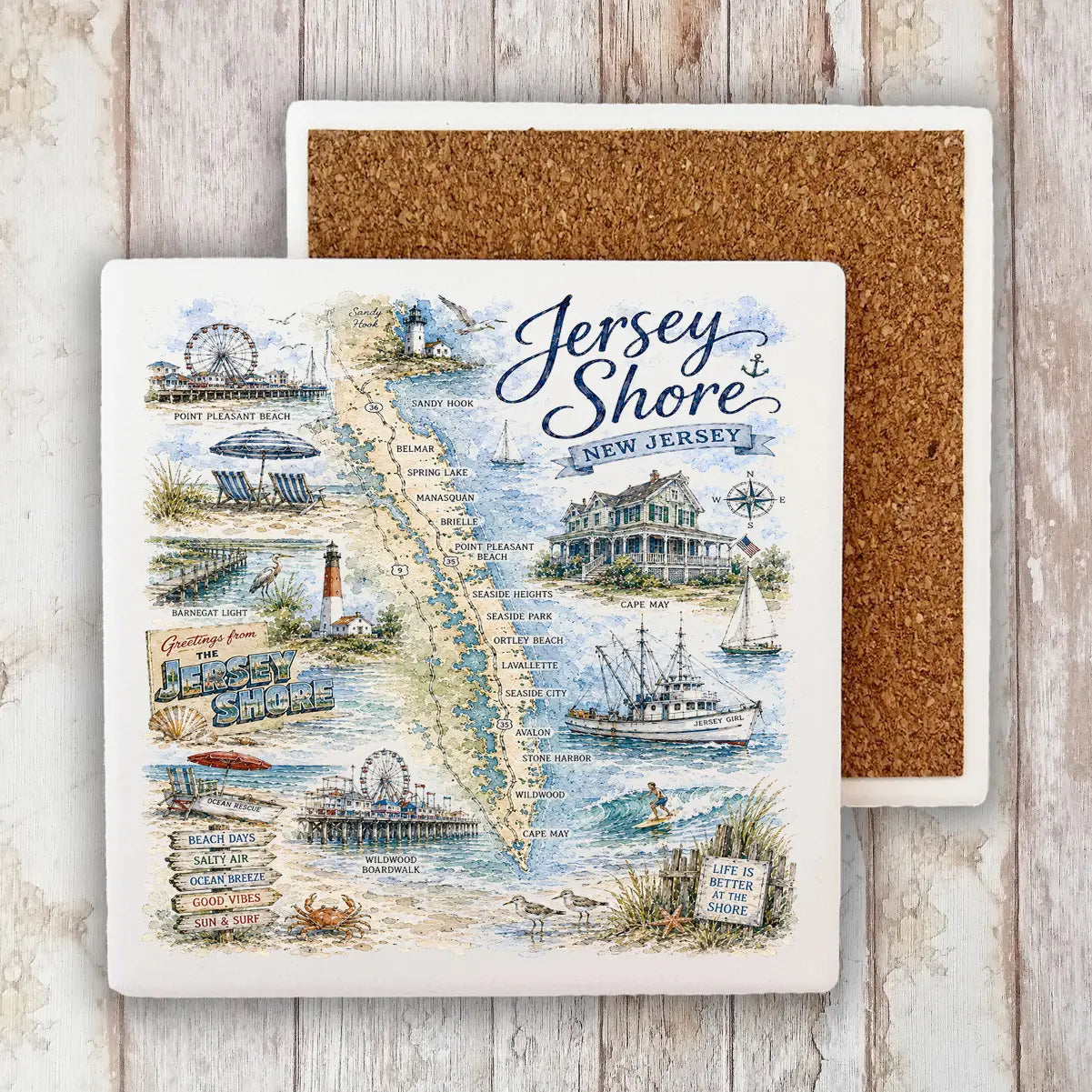 A square ceramic coaster featuring a vintage-style illustrated map of Jersey Shore, New Jersey, with beach scenes, boats, and text, shown in front of a second coaster with a brown cork backing on a whitewashed wood surface.