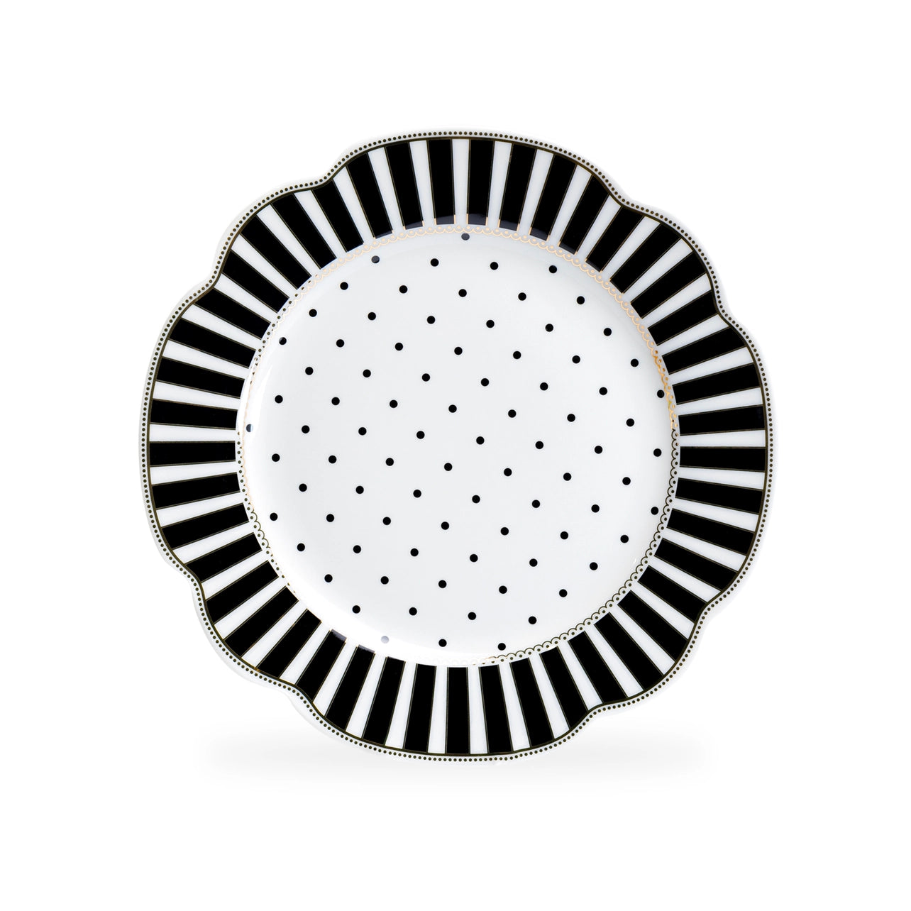 Decorative plate with black and white striped rim and polka dot center on a white background