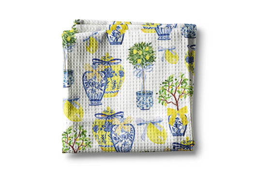 Lemon Chinoiserie Waffle Weave Tea Towel