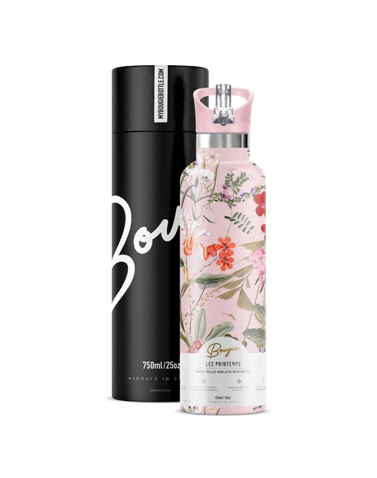 Floral-patterned water bottle with black cylindrical container on a white background