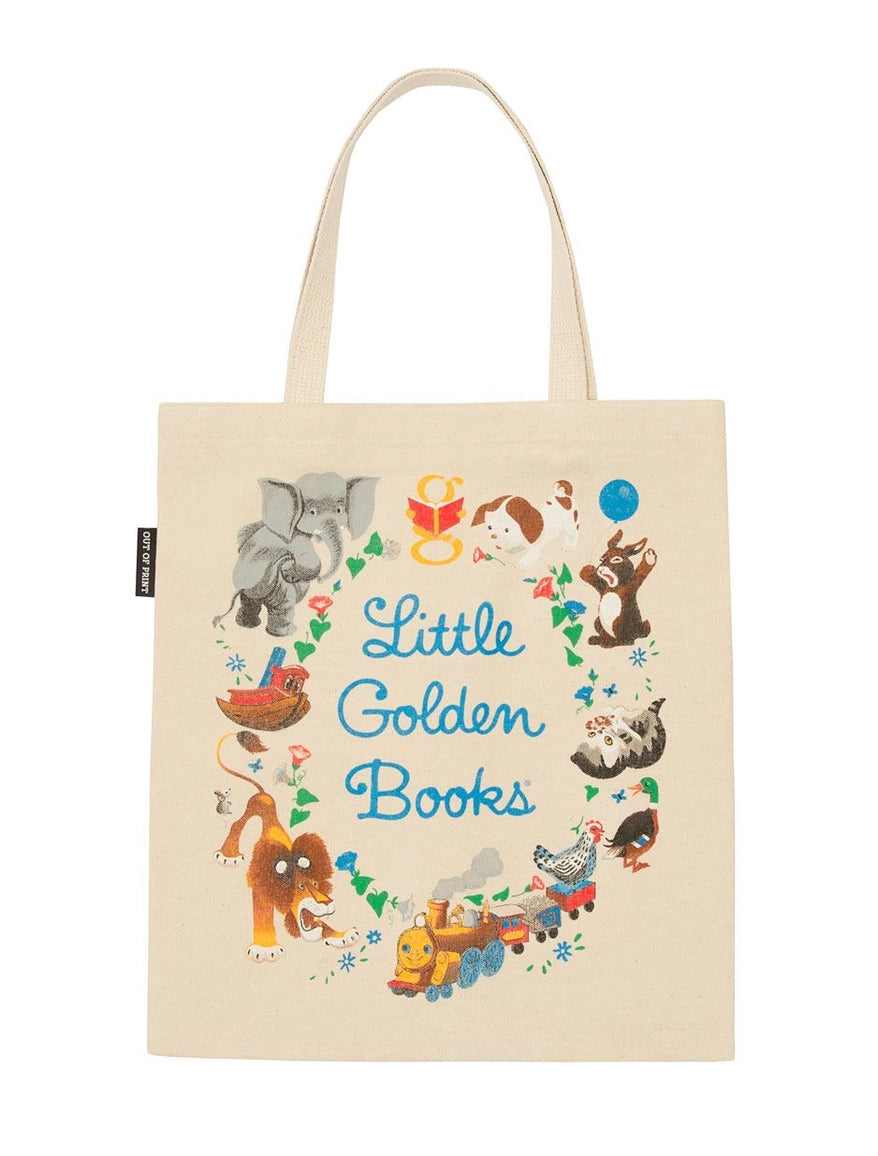 Beige tote bag with illustrations of animals and 'Little Golden Books' text on a white background
