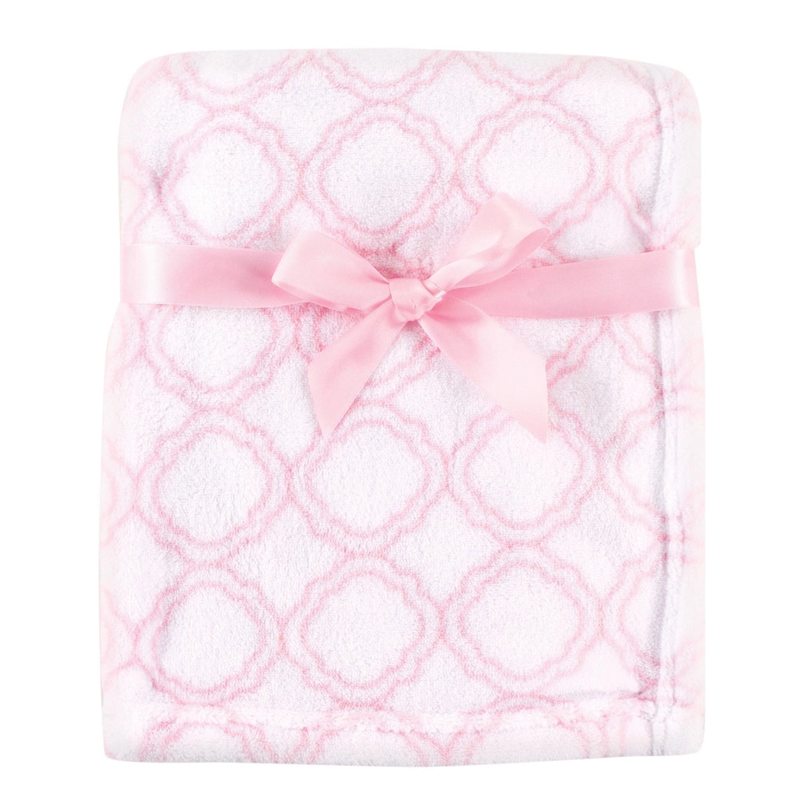 Pink and white patterned blanket with a pink bow on a white background