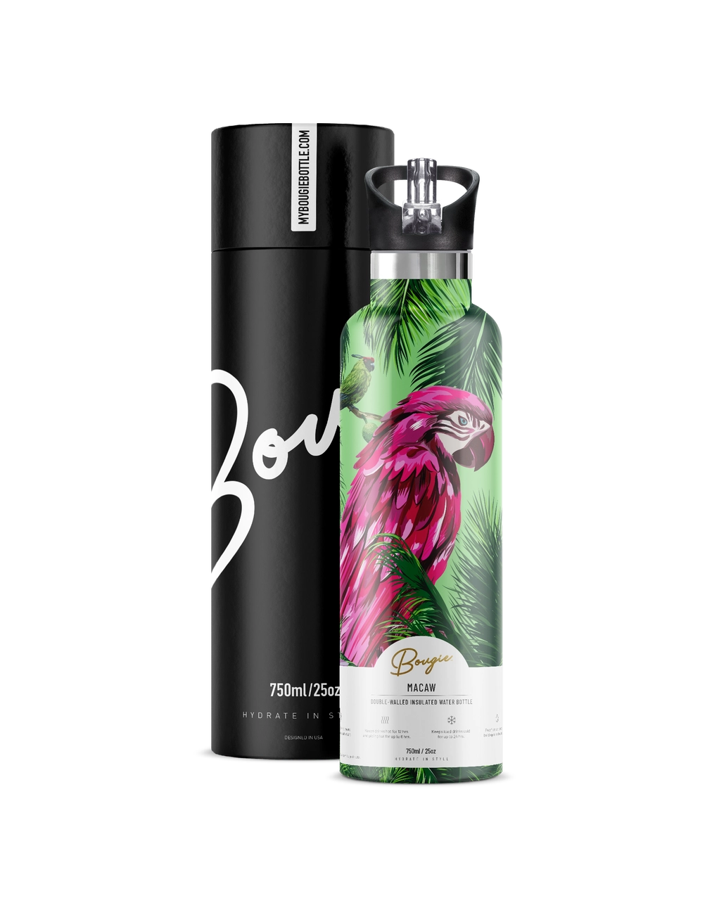 Bougie bottle with pink flamingo design and black cylindrical box on a white background
