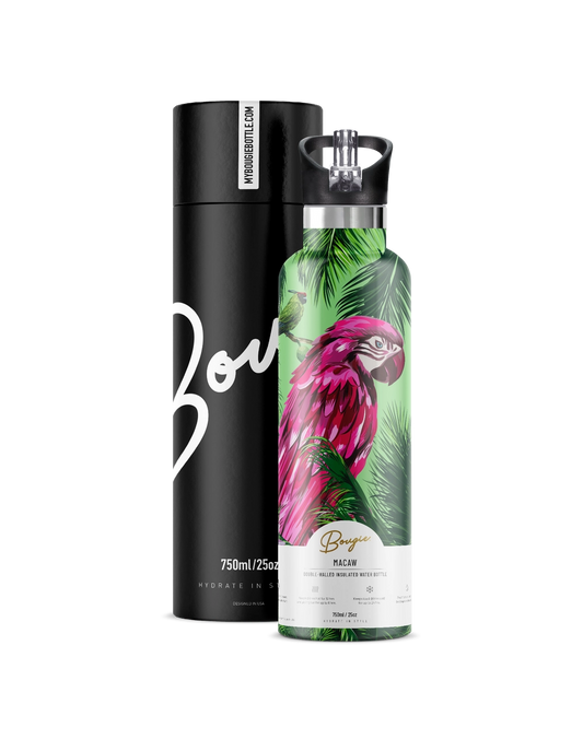 Bougie bottle with pink flamingo design and black cylindrical box on a white background