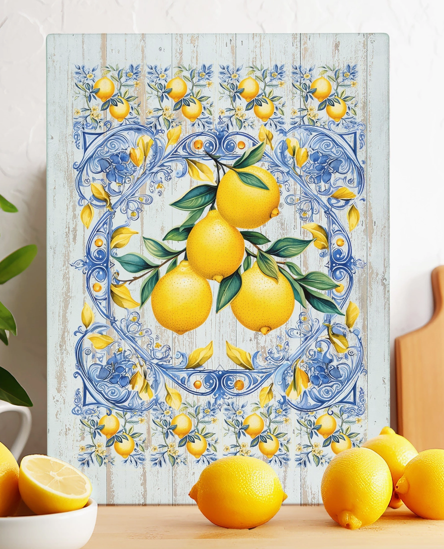 Mediterranean blue tile lemons glass cutting board with yellow lemons green leaves and ornate blue and white design